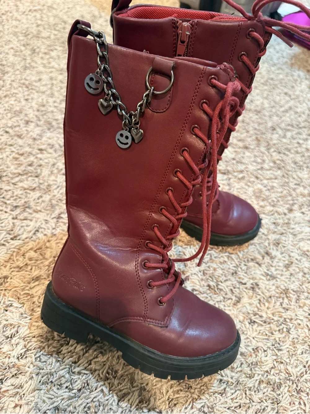 Toddlers Lace-Up Mid-Calf Combat Boots - Burgundy